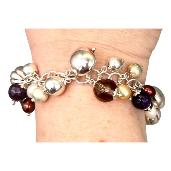 Milor Italy Sterling Silver Bracelet Smoky Quartz Amethyst Pearls 925 8"L - Picture 5 of 10